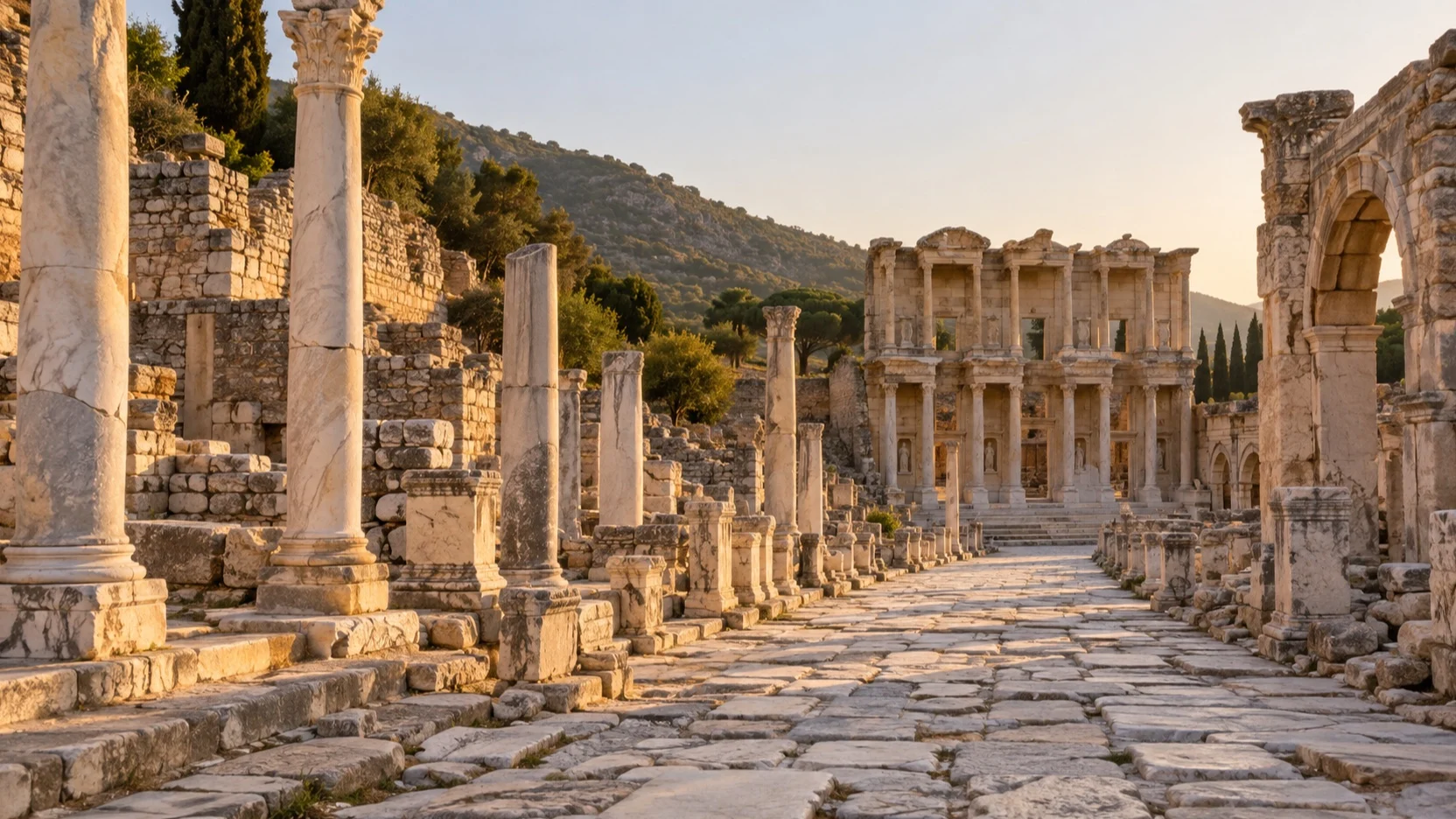 Ancient stone street and columns at Ephesus