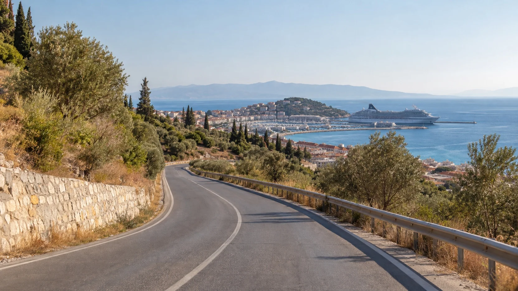 Road toward Kusadasi harbor with cruise ship in the distance