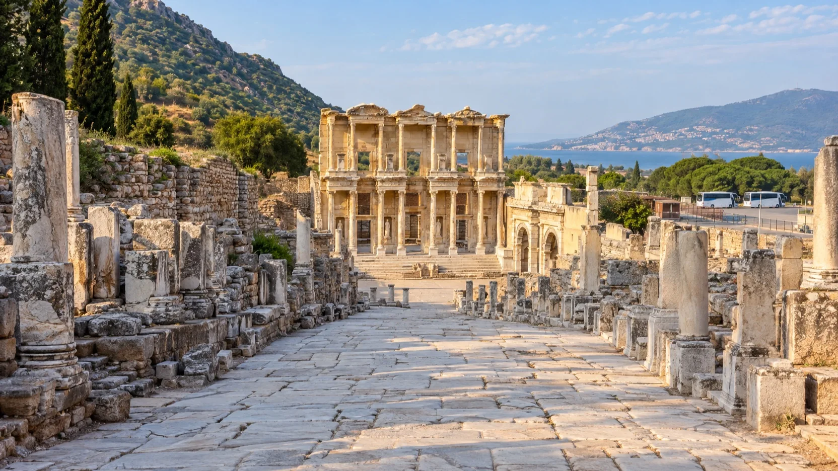 Library of Celsus at Ephesus with tour buses beyond the ruins