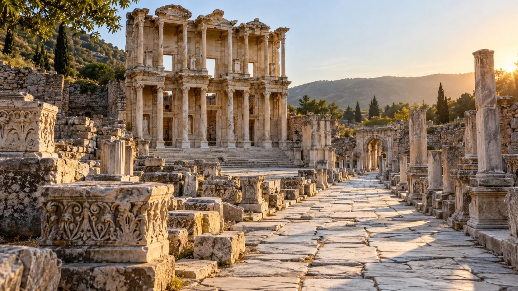 Library of Celsus and ancient marble road at Ephesus