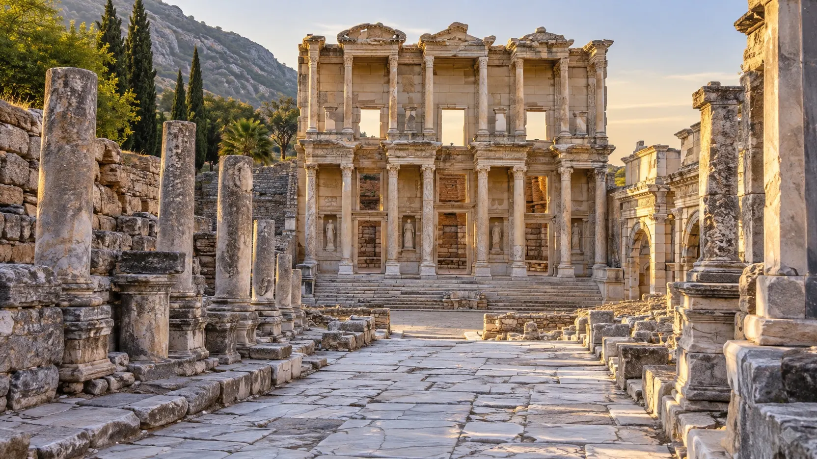 Library of Celsus and ancient marble road at Ephesus
