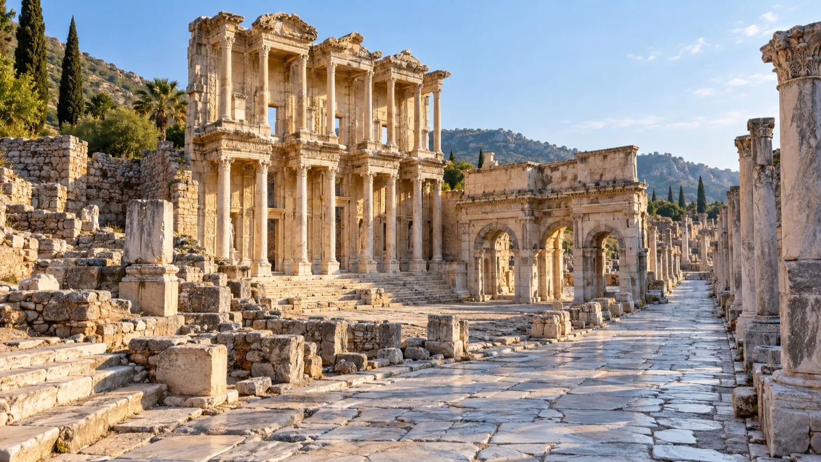 Ancient Library of Celsus and marble street at Ephesus