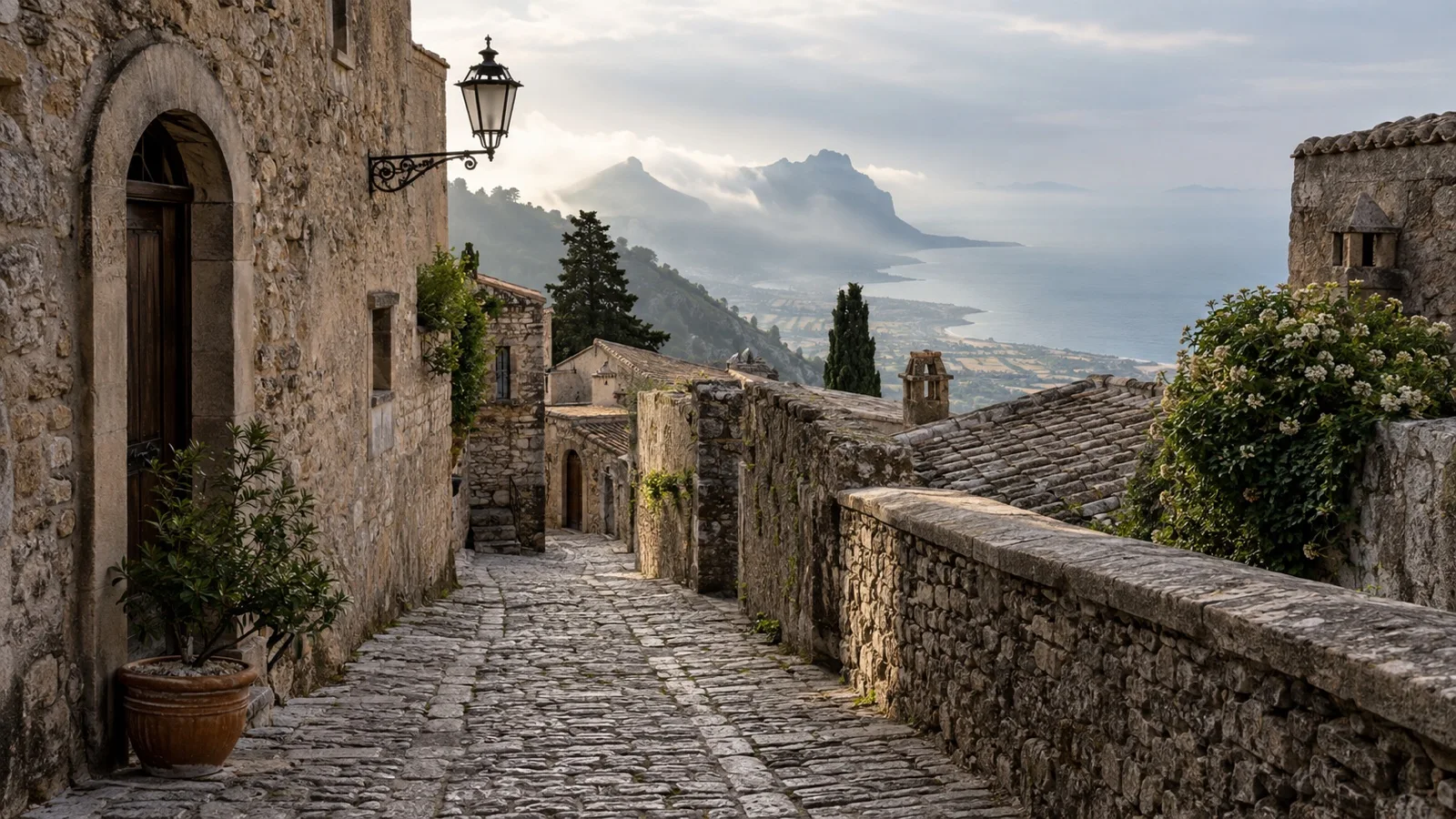 Medieval cobblestone lane in Erice Sicily