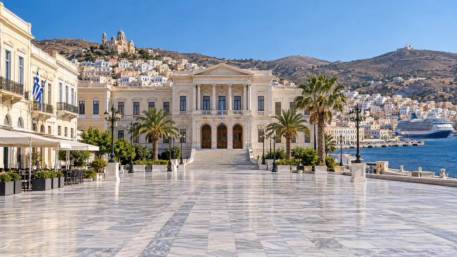 Neoclassical town hall and marble paving at Miaouli Square