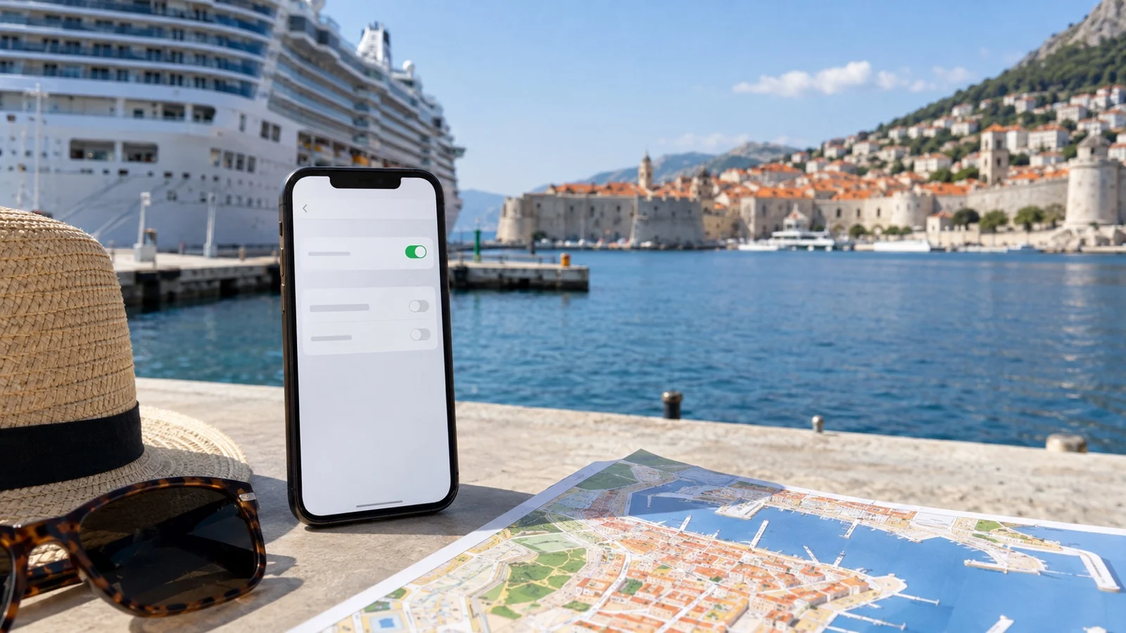 Smartphone showing blank mobile data settings beside a cruise port map, no readable text