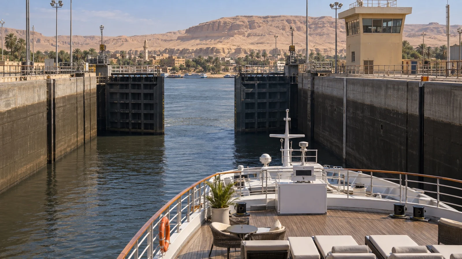 Nile cruise ship transiting Esna lock