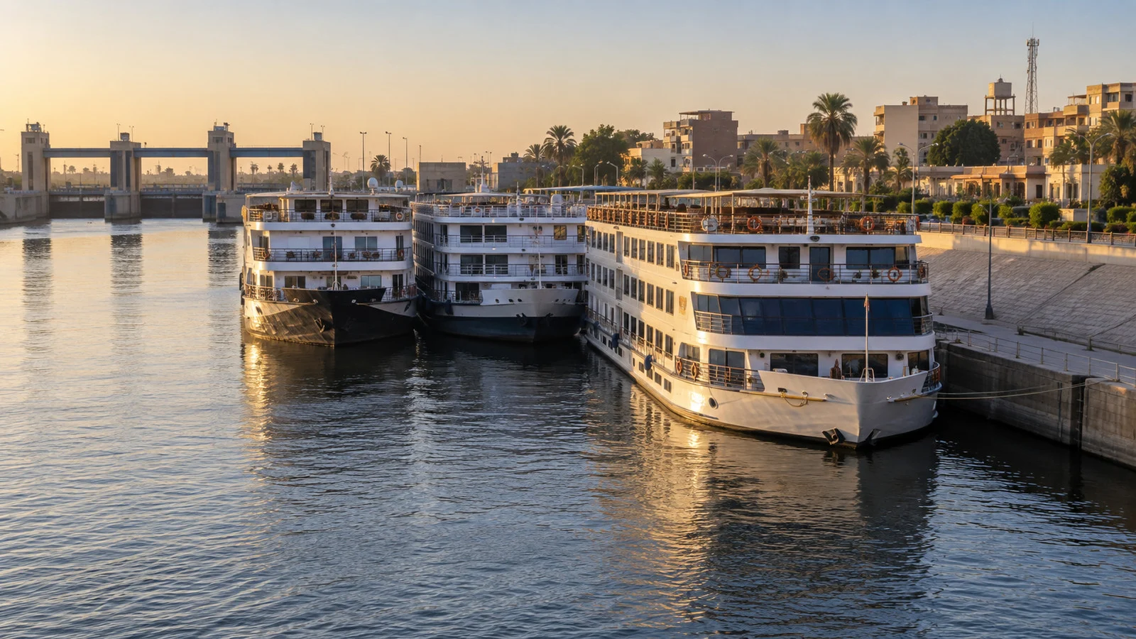 Nile cruise boats moored near Esna Lock and the town embankment