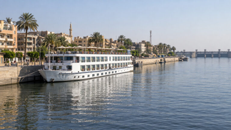 Nile river cruise vessel at the Esna riverfront near the barrage