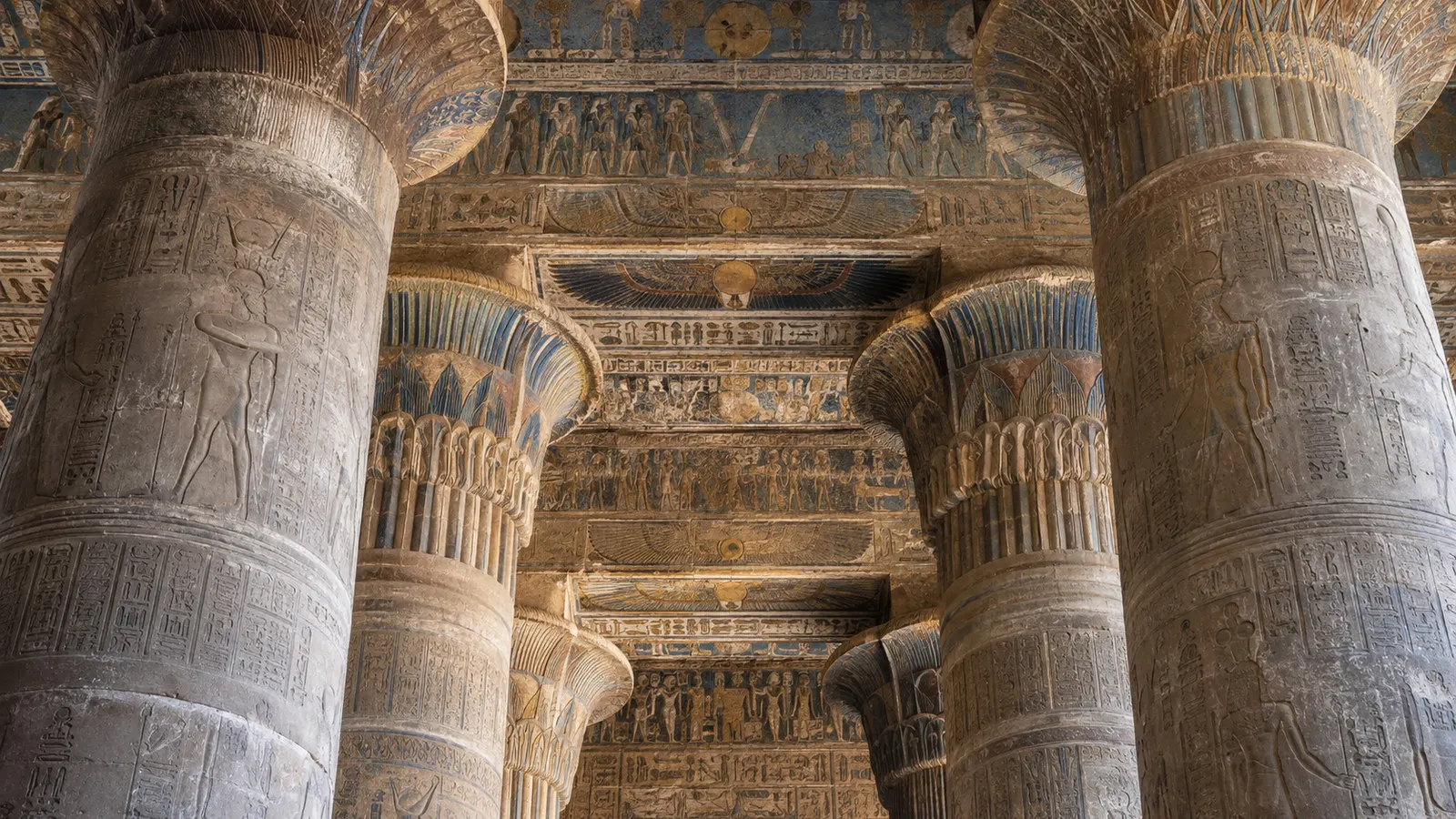 Temple of Khnum columns and painted ceiling in Esna