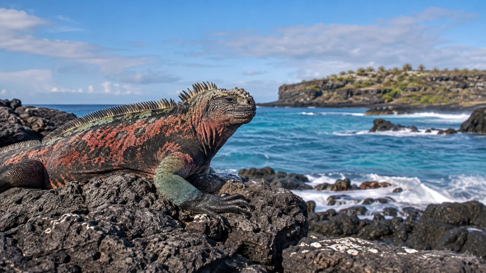 Colorful marine iguana on coastal rocks