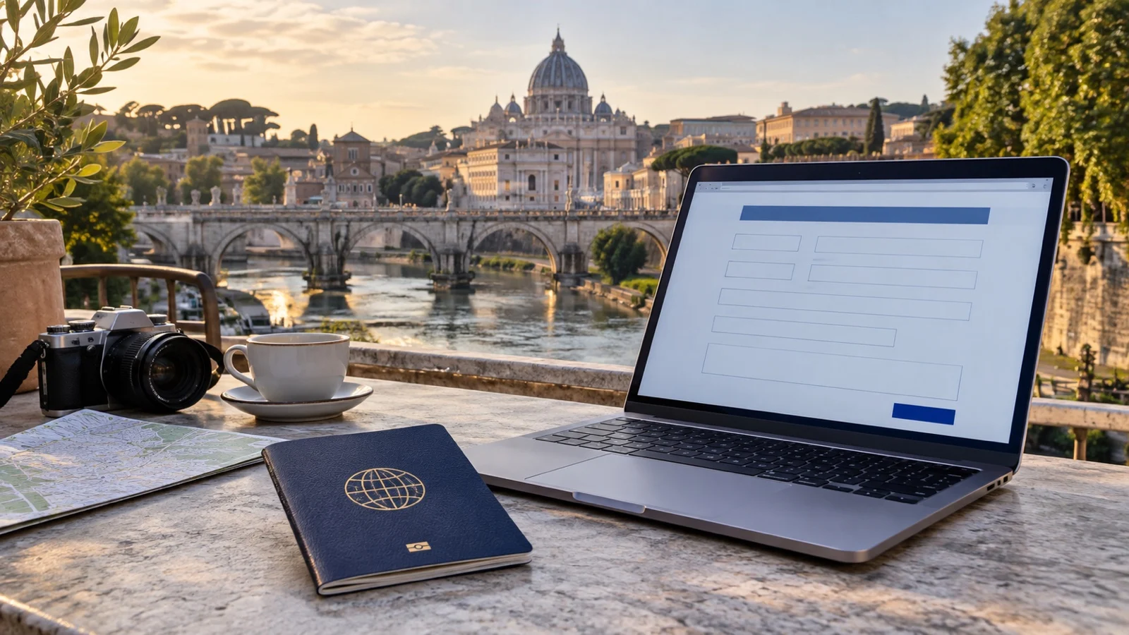 Passport beside laptop showing blank travel authorization form, no readable text