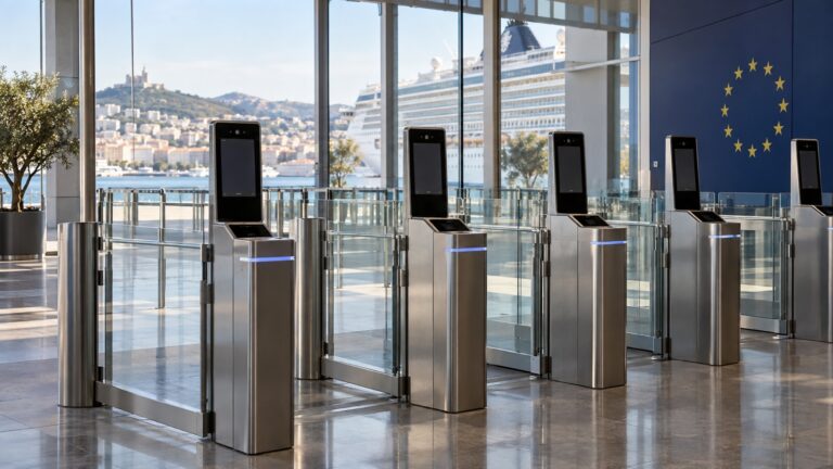 Empty biometric passport-control gates in a European cruise terminal
