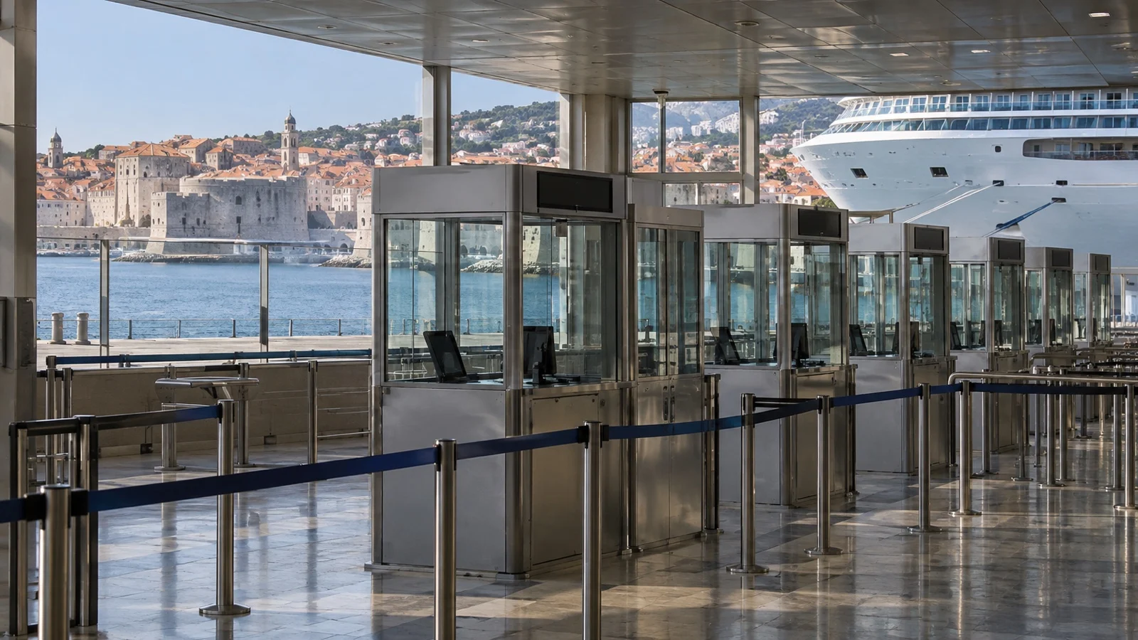 Empty European cruise terminal passport-control booths