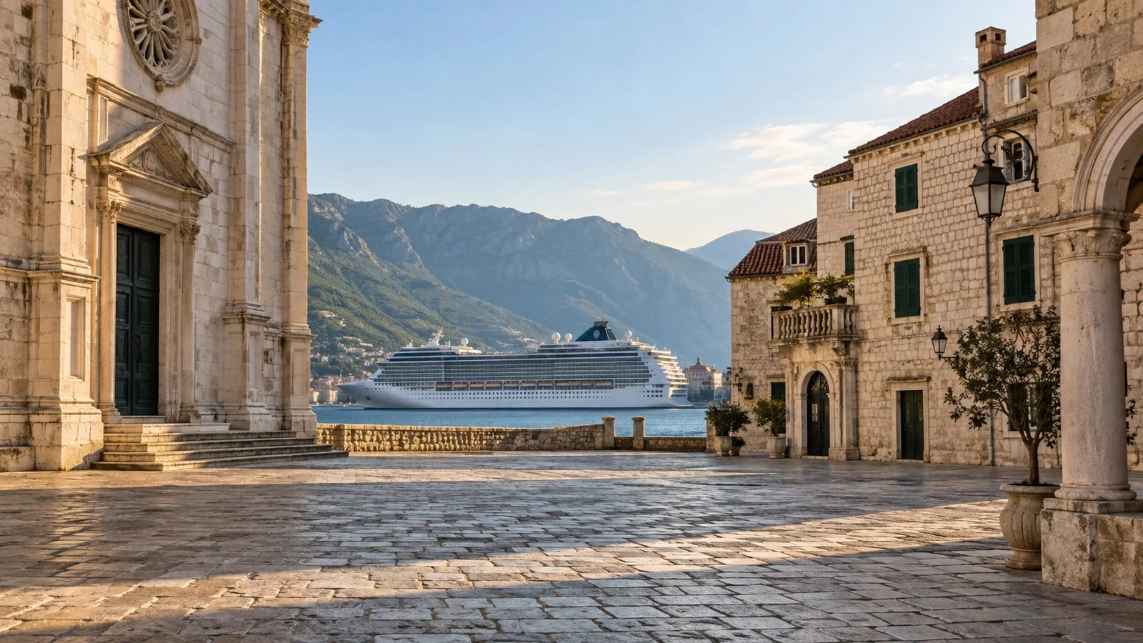 Empty cobbled European port-city square with cruise ship visible beyond