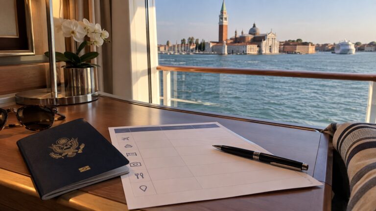US passport and blank Europe cruise itinerary on a cabin desk, no readable text