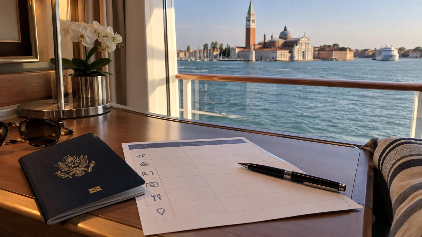 US passport and blank Europe cruise itinerary on a cabin desk, no readable text