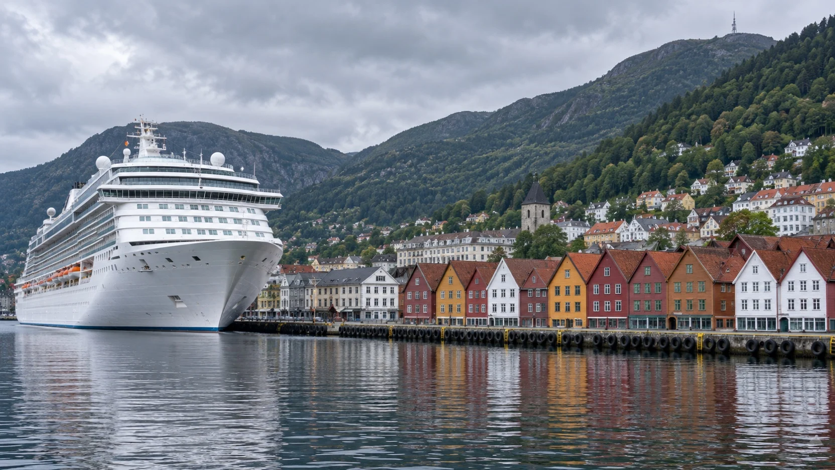 Cruise ship near the colorful Bryggen waterfront in Bergen, Norway