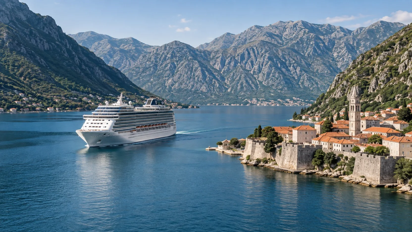 Cruise ship sailing into Montenegro’s Kotor Bay beneath steep mountains