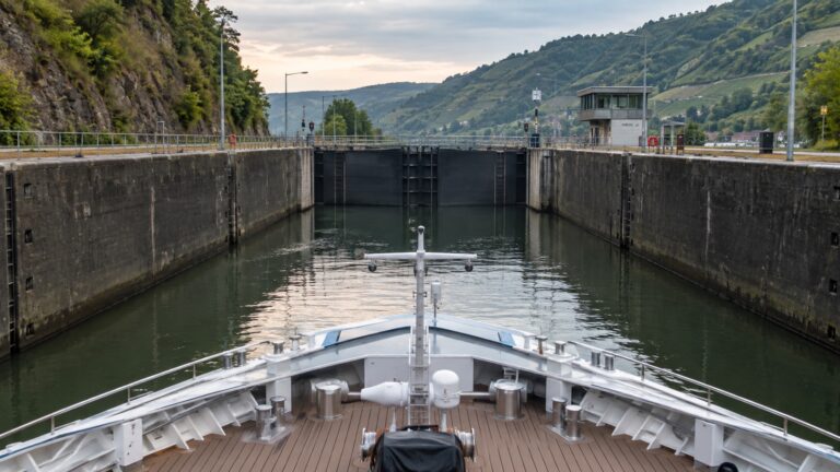 River cruise ship entering a European lock chamber