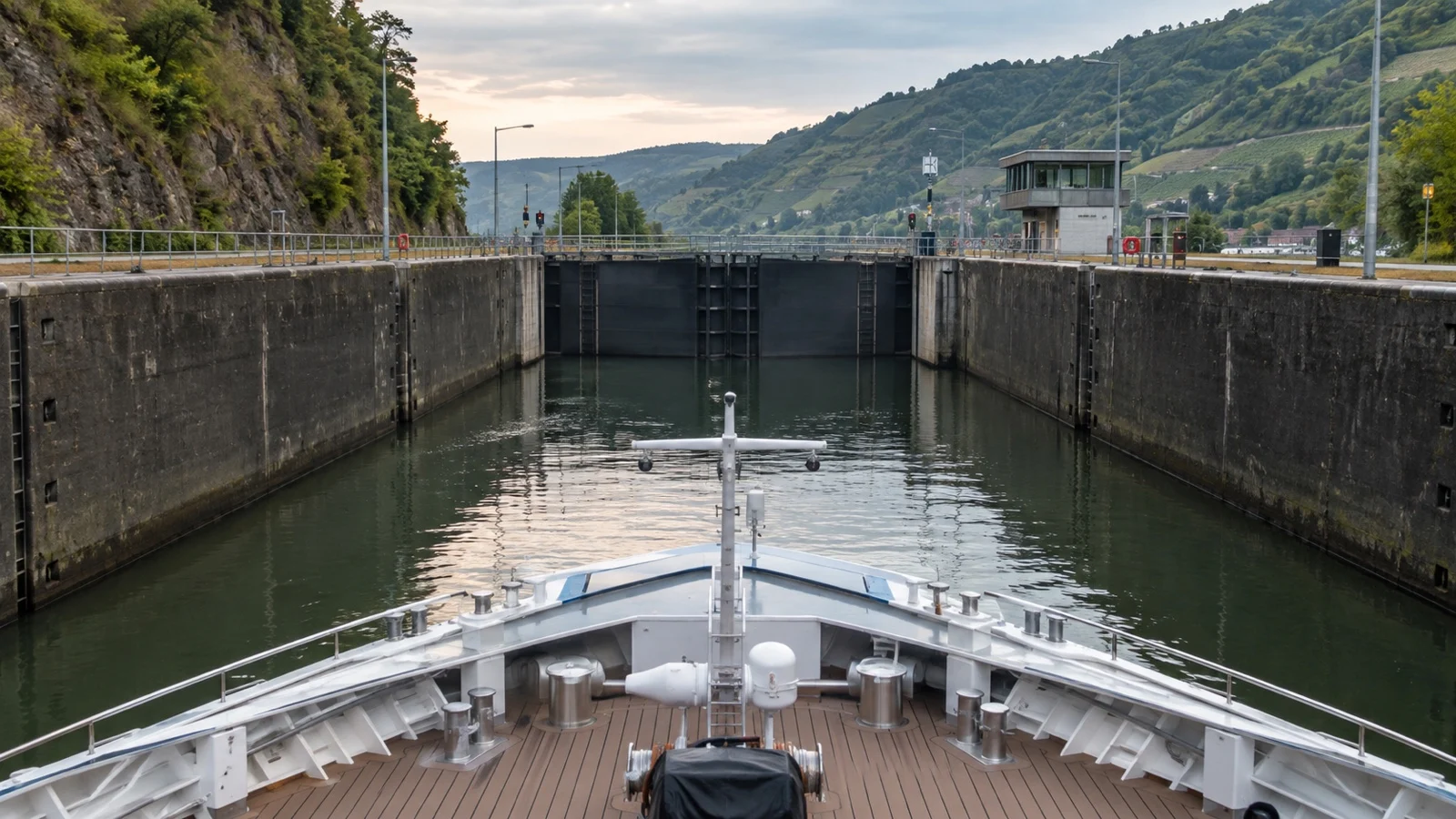 River cruise ship entering a European lock chamber