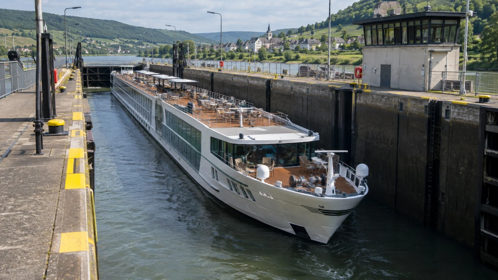 River cruise ship passing European lock