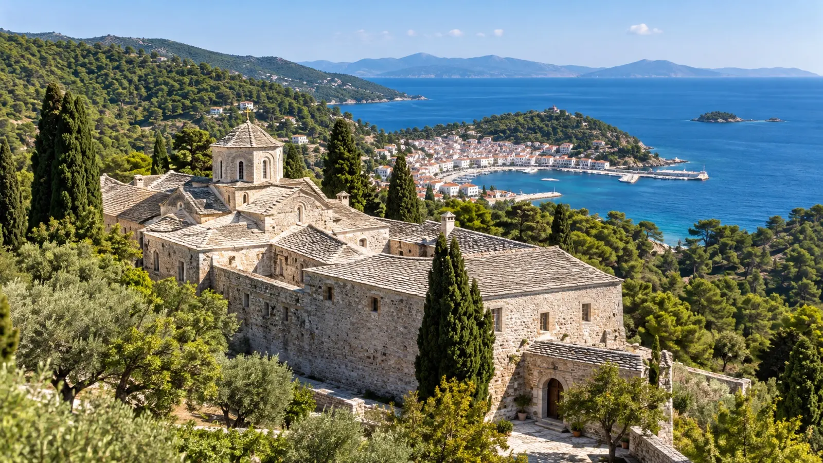 Stone Evangelistria Monastery amid Skiathos hills
