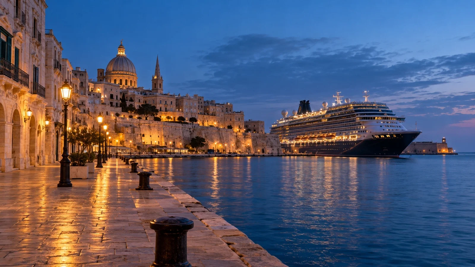 Empty historic port-city waterfront at blue hour with cruise ship docked