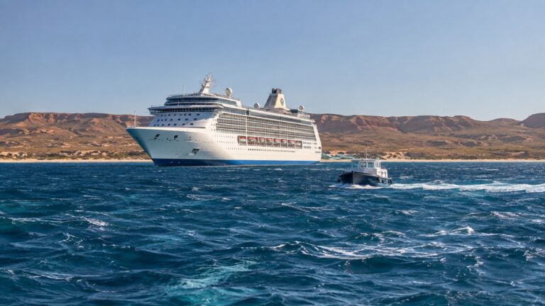 Cruise ship offshore from Exmouth in Western Australia with a small tender boat in choppy water