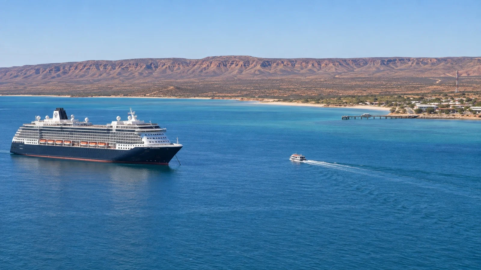 Cruise ship and tender offshore from Exmouth, Western Australia