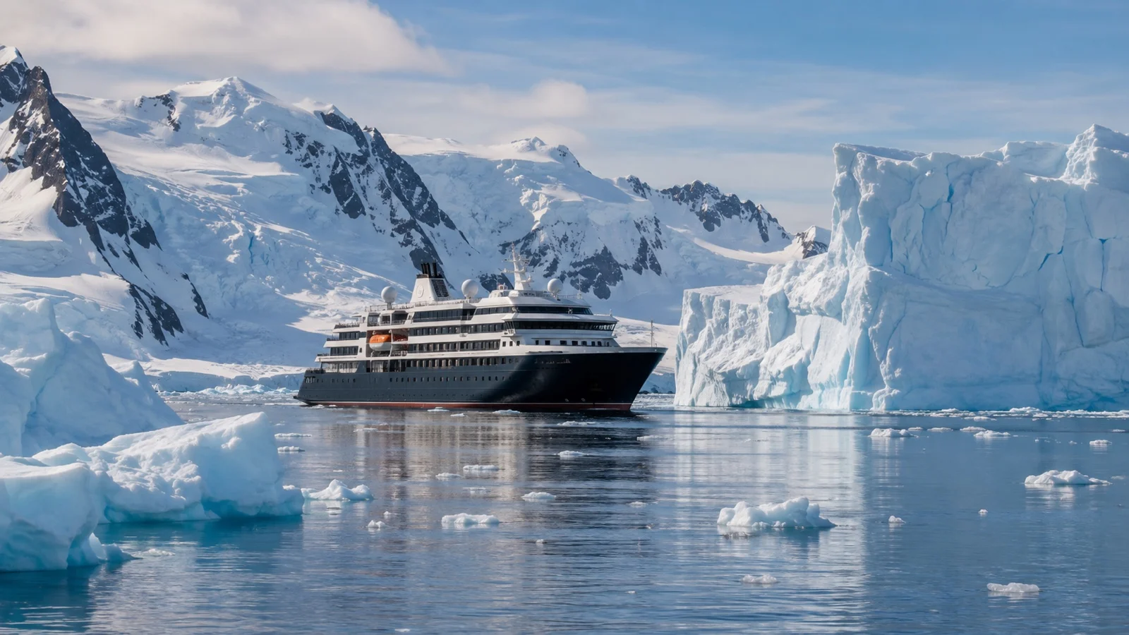 Small expedition cruise ship among Antarctic icebergs, no people