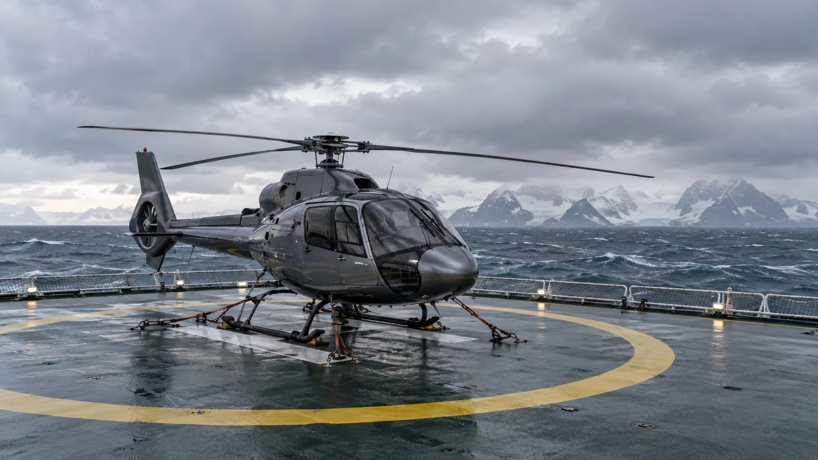 Helicopter grounded on ship in rough weather