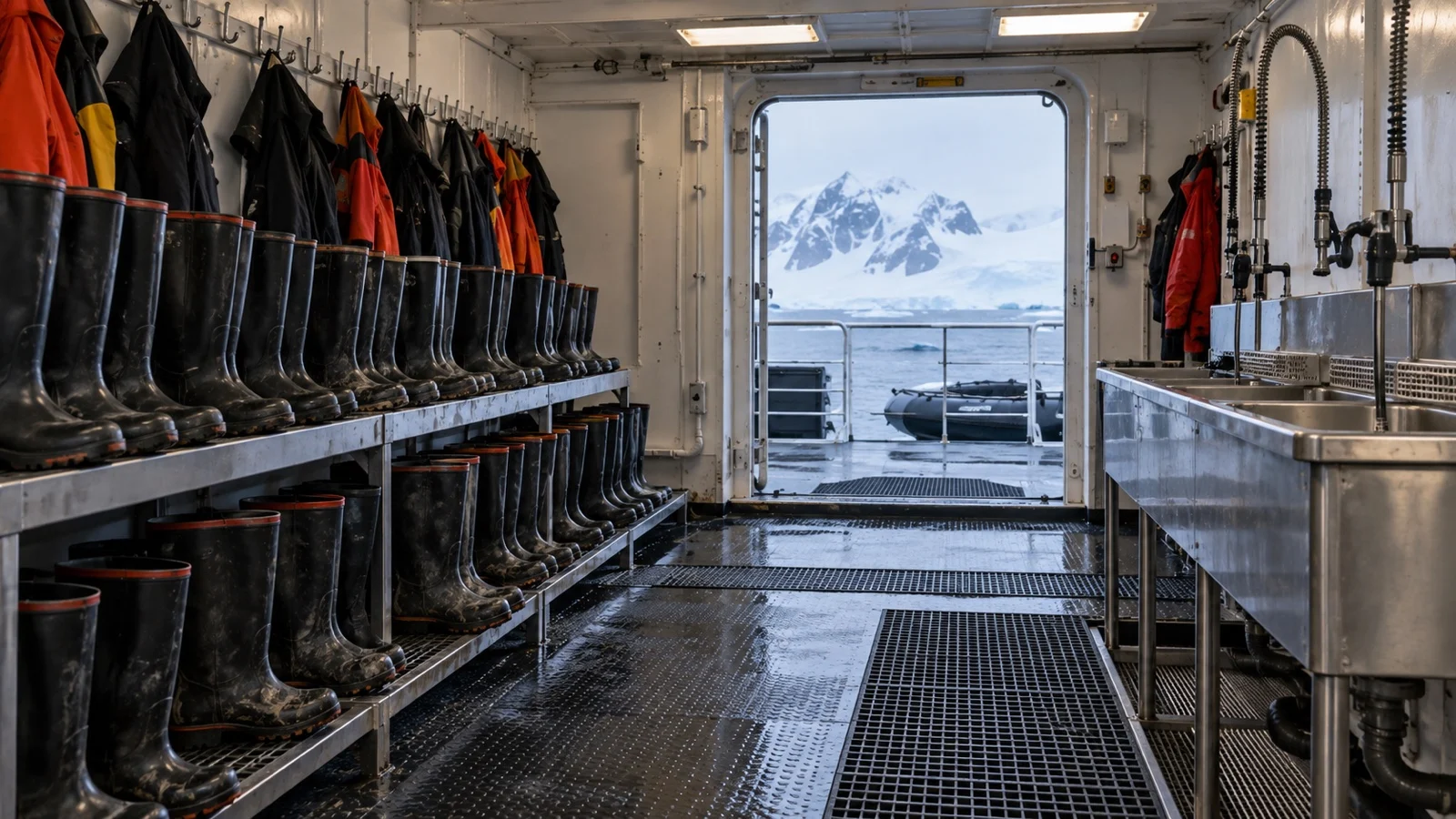 Clean expedition ship mudroom with rubber boots