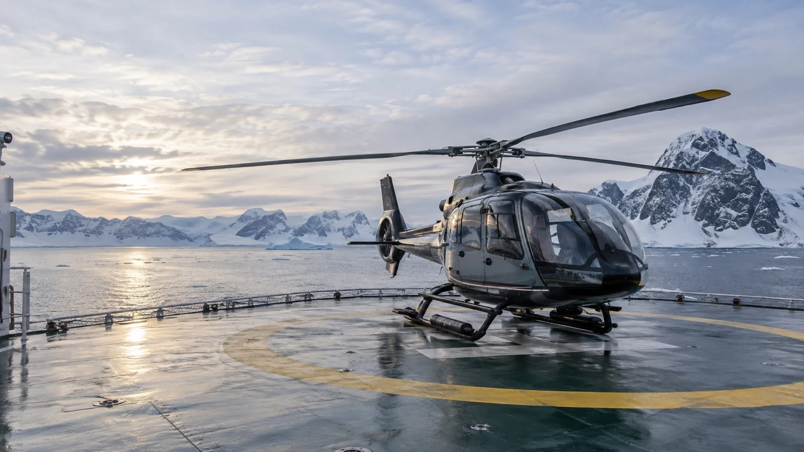 Helicopter on expedition cruise ship deck