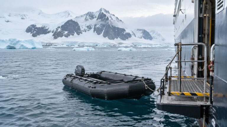 Empty Zodiac beside expedition cruise ship