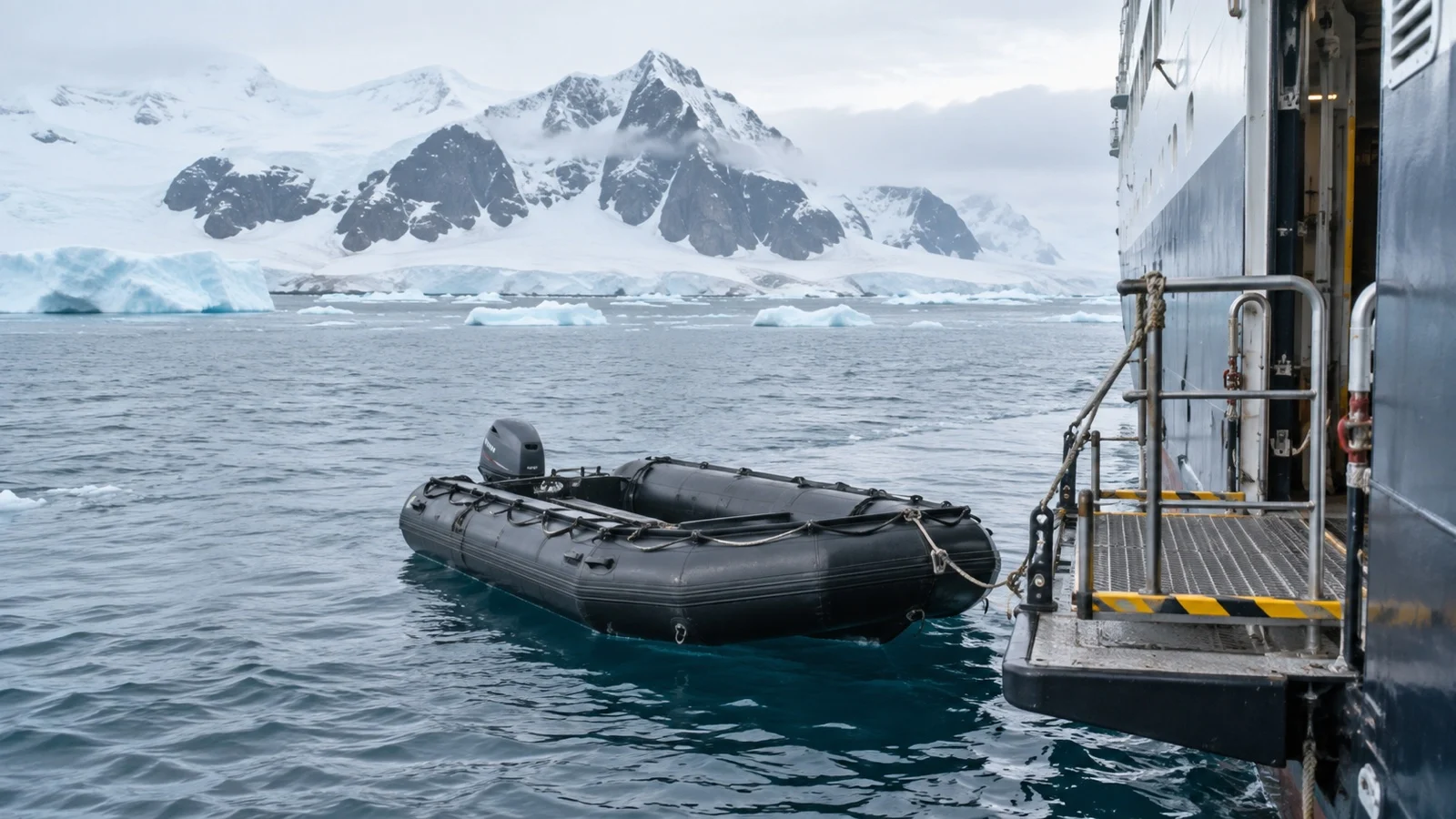 Empty Zodiac beside expedition cruise ship
