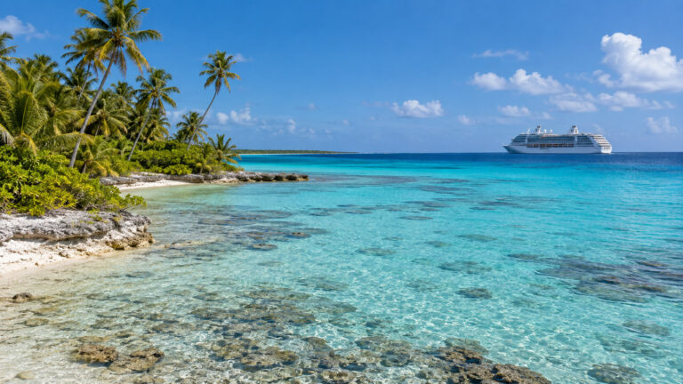Fakarava atoll French Polynesia brilliant turquoise lagoon and low palm-lined coral shoreline with cruise ship anchored far offshore
