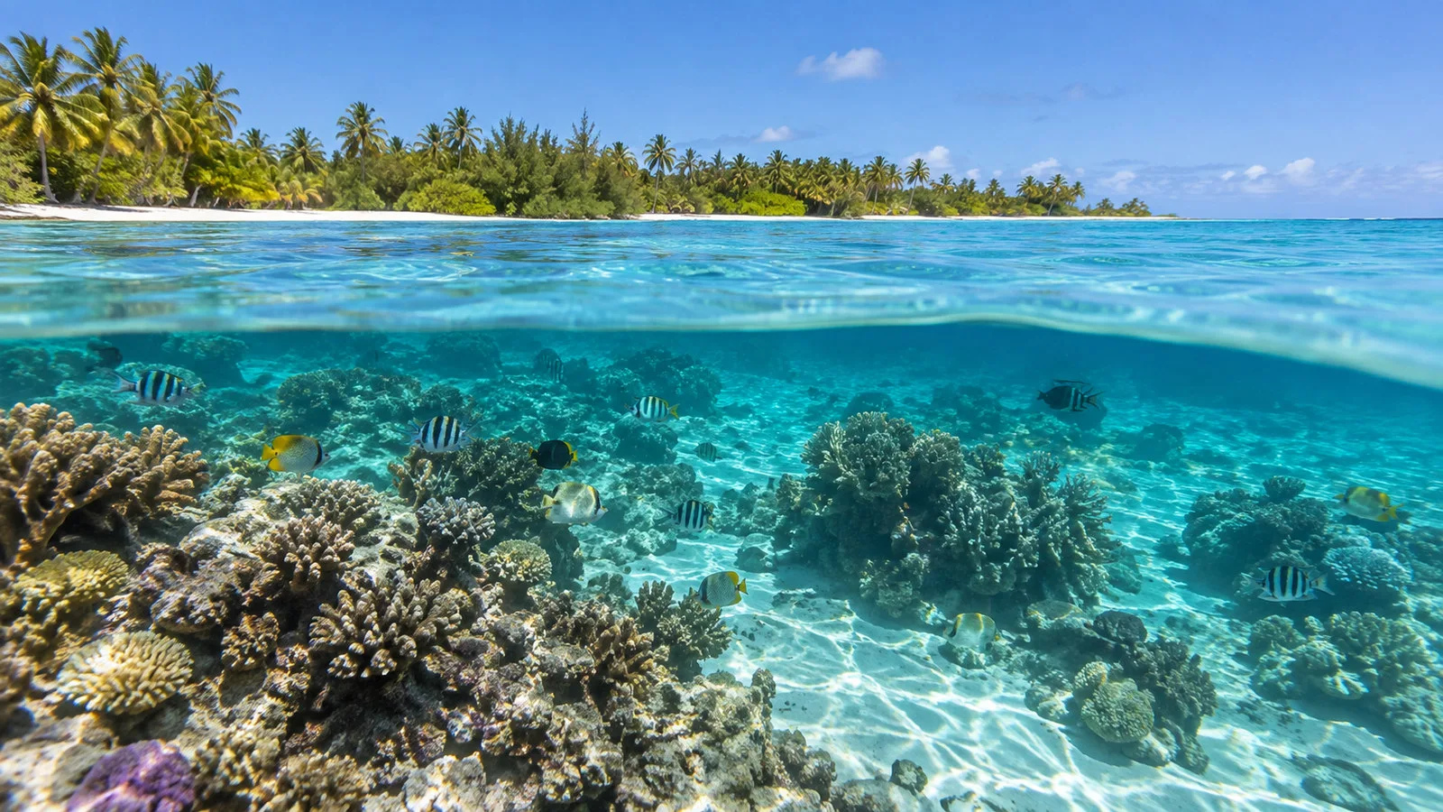 Fakarava shallow coral reef beneath exceptionally clear turquoise lagoon with colorful reef fish, over-under water view