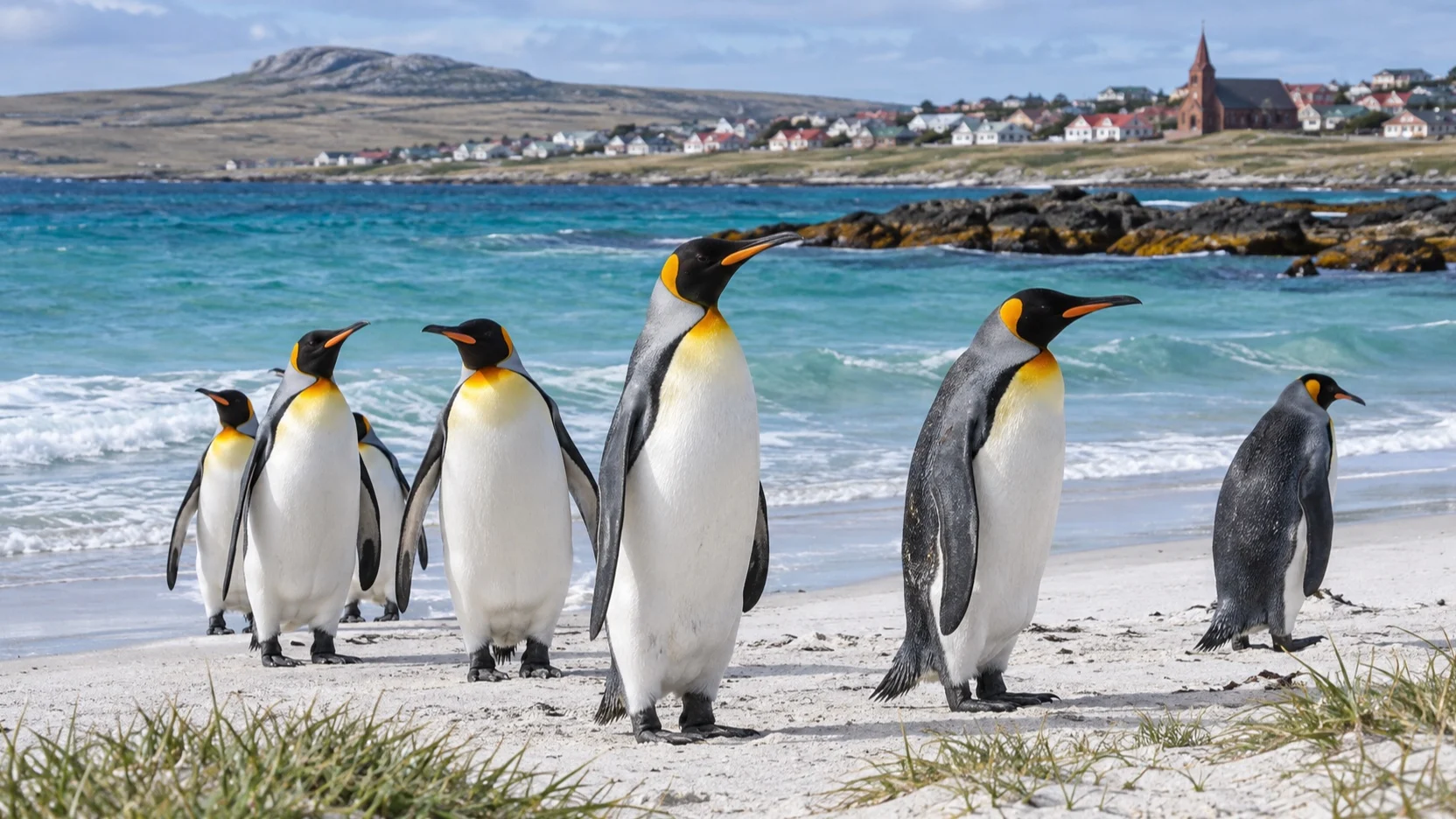 King penguins on a Falkland Islands beach near Stanley