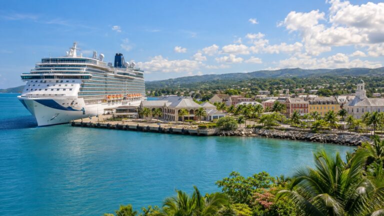 Cruise ship docked beside the historic town of Falmouth Jamaica