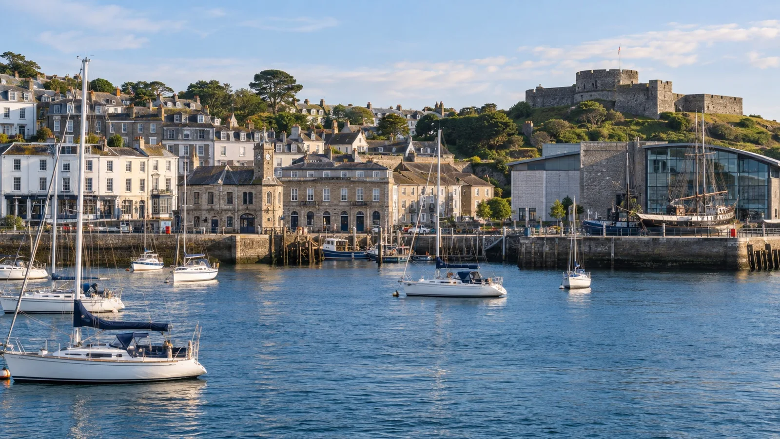 Sailing boats and historic buildings along Falmouth harbor