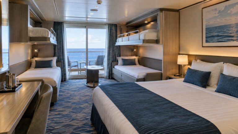 Empty spacious cruise cabin with five made sleeping berths, including two pull-down beds, realistic ship room