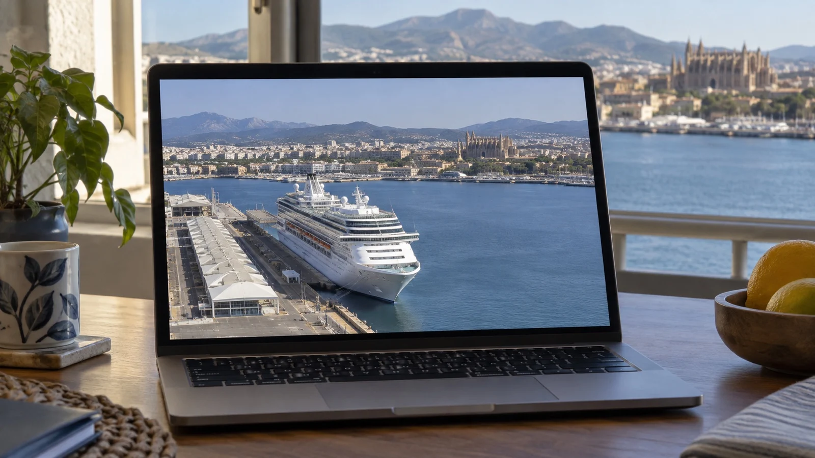 Empty home laptop showing live view of cruise ship at pier, no readable text