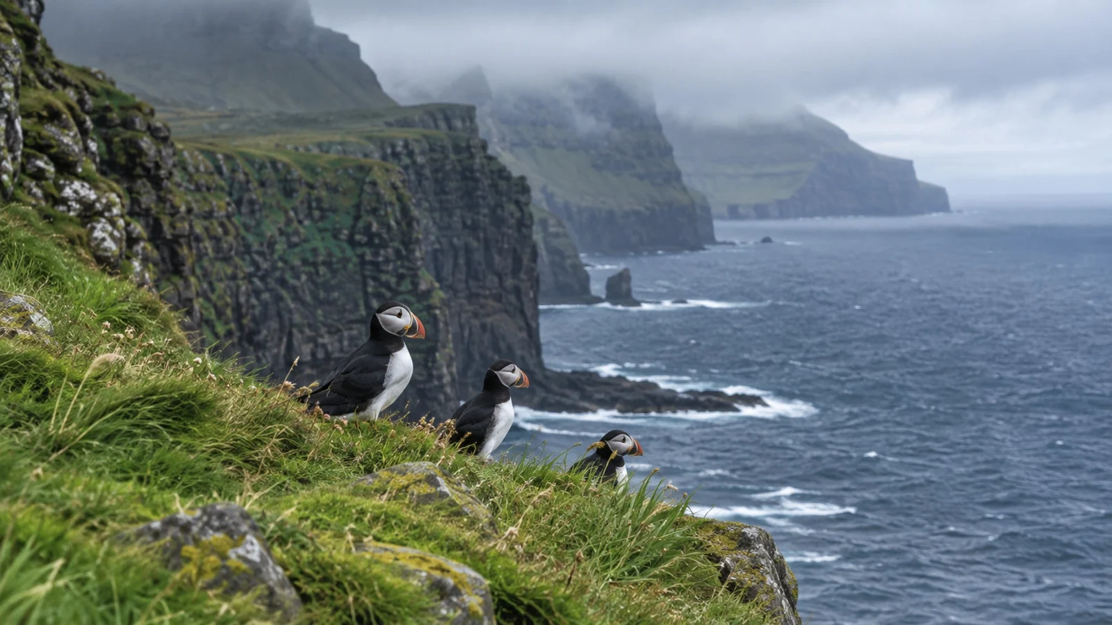 Puffins on grassy Faroe Islands sea cliffs