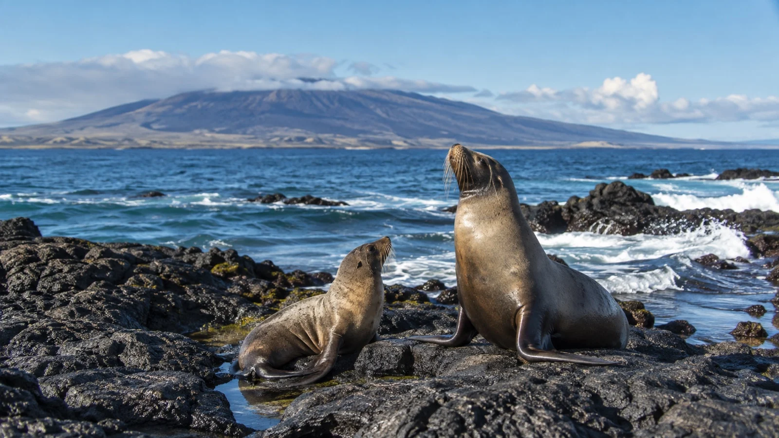 Sea lions on a Fernandina rocky shore