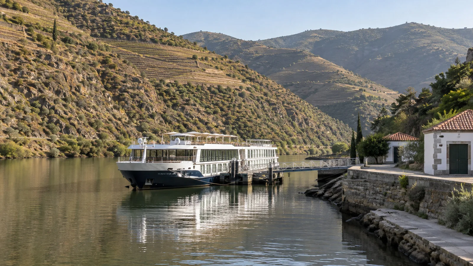 Douro river cruise vessel moored at small Ferradosa Portugal quay with steep dry terraced hills, no people