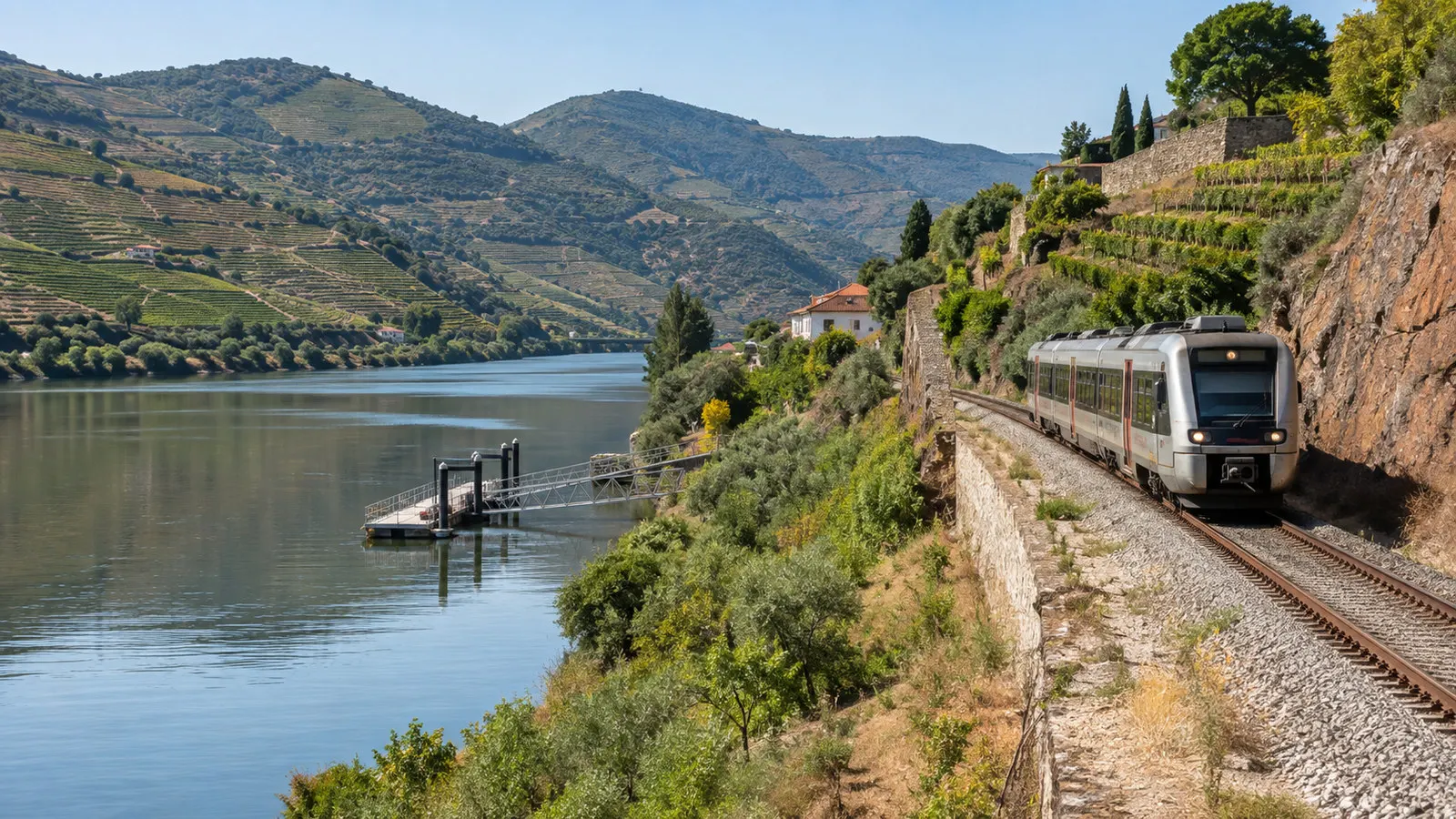 Regional train running along Douro River railway near Ferradosa Portugal with vineyard slopes, no people visible