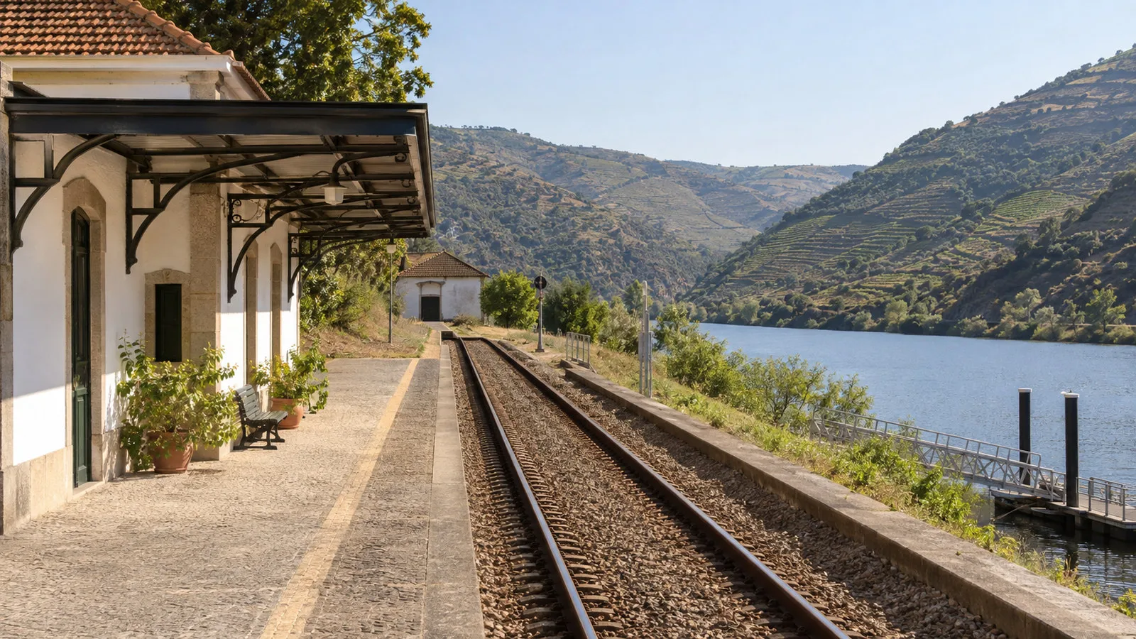 Small Ferradosa railway station Portugal on Douro line beside river and hills, empty platform with no readable signage