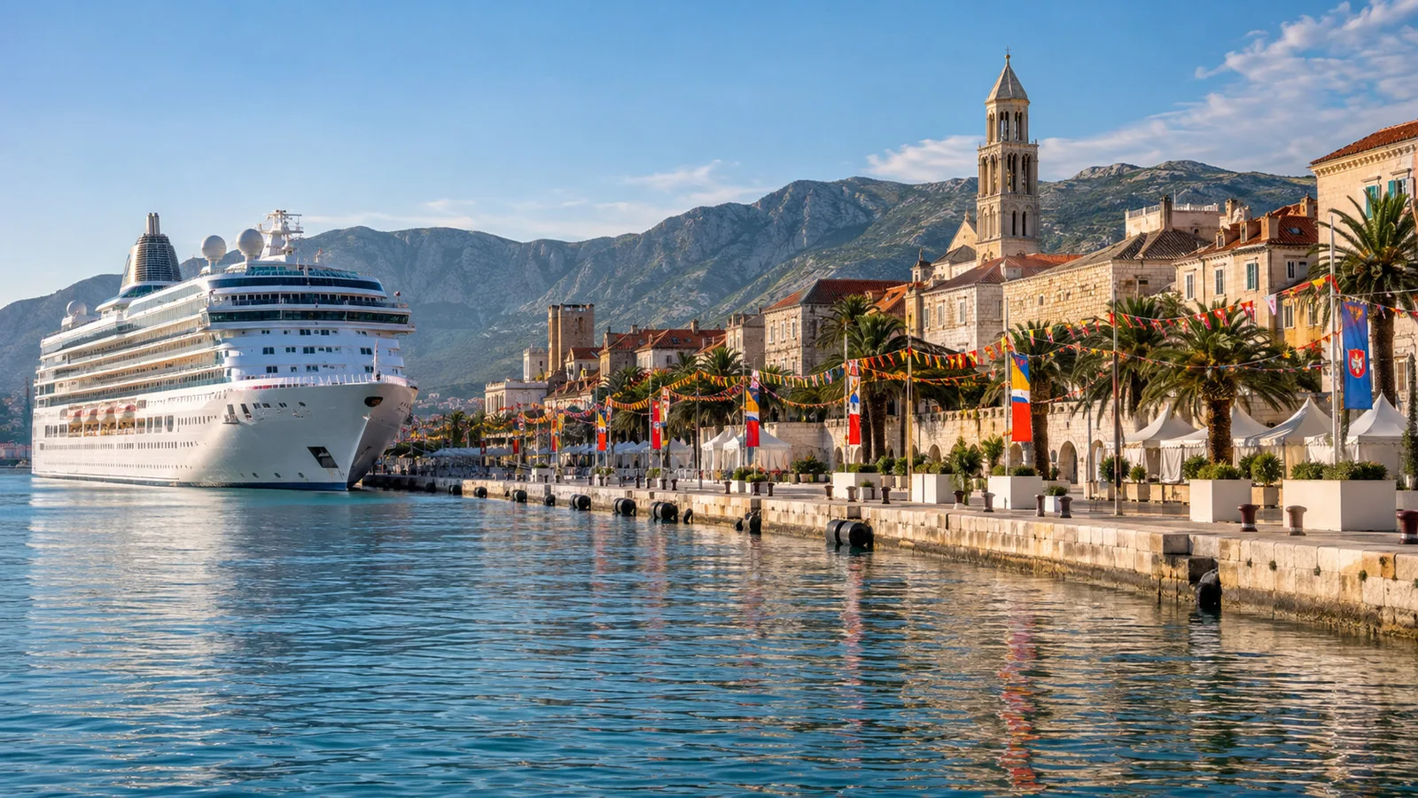 Cruise ship moored beside a port city with festival decorations