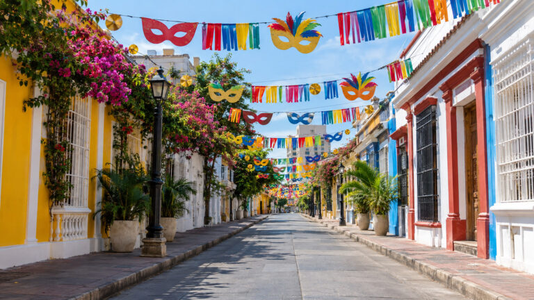Empty carnival-decorated street in Barranquilla Colombia