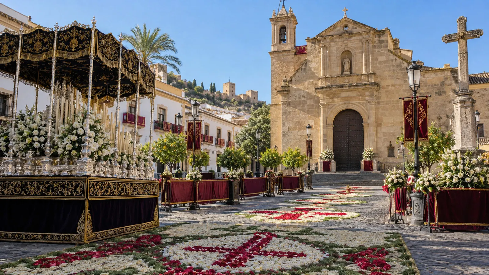 Flower-decorated church square prepared for a Holy Week procession in Spain